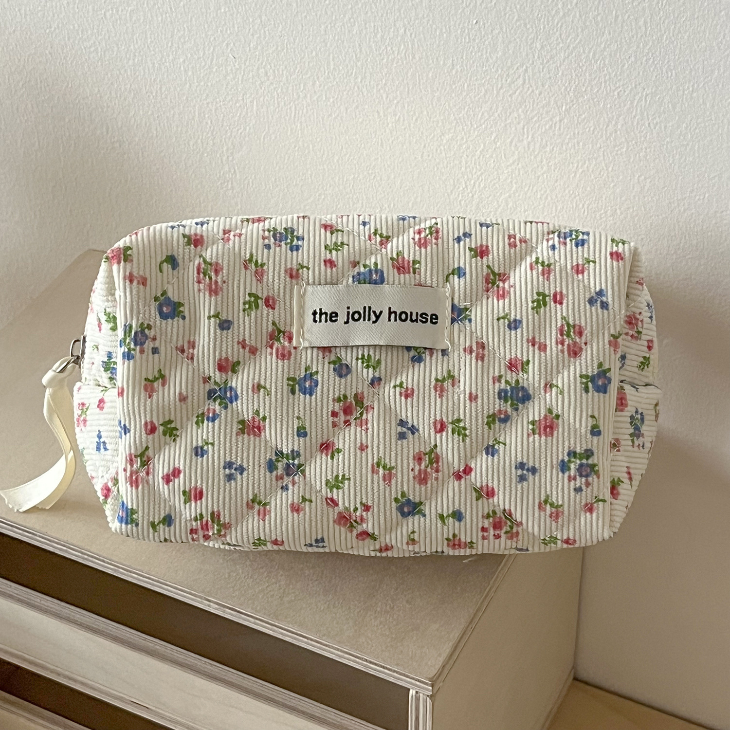 Lovely Floral Stitching Corduroy Cosmetic Bag For Storing Skin Care ltems Lipsticks Accessories Travel Necessity Birthday: MULTI