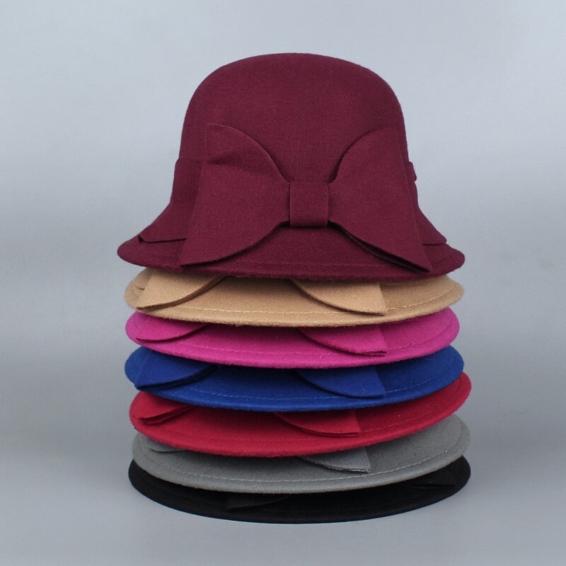 Merk retro dames dames fedora's top jazz hoed winter herfst pet katoen imitatie wollen bolhoeden ronde strik petten