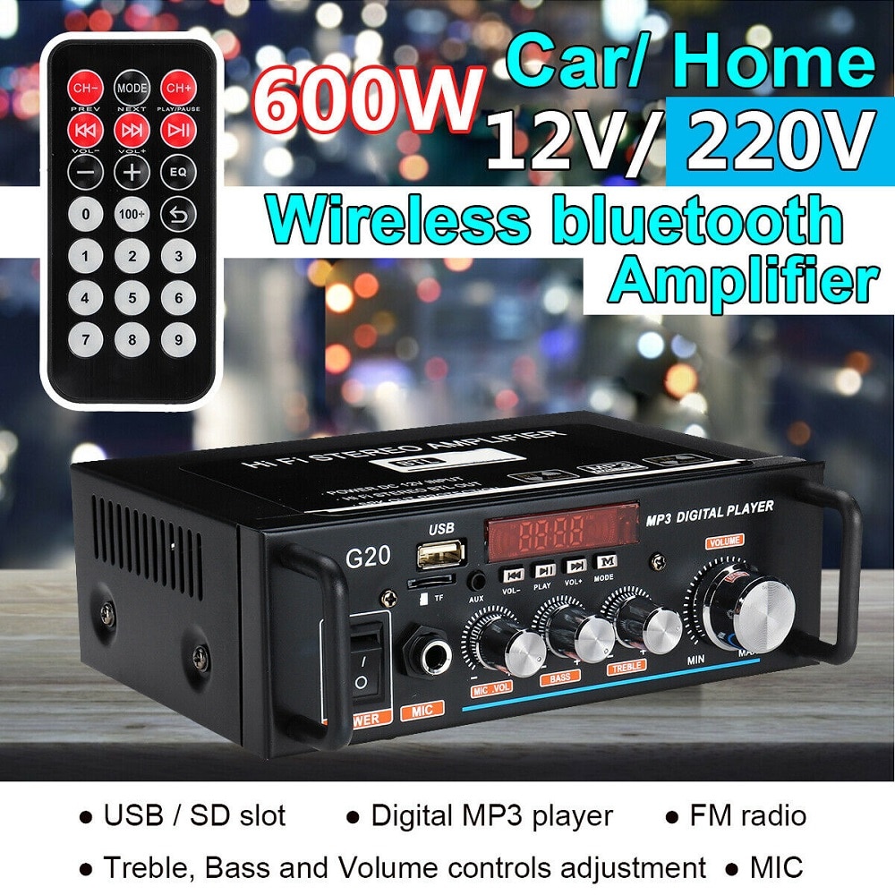 600W Bluetooth Amplifier 110V-220V 2CH HIFI Audio Stereo Power AMP USB FM Radio Car Home Theater with Remote Control