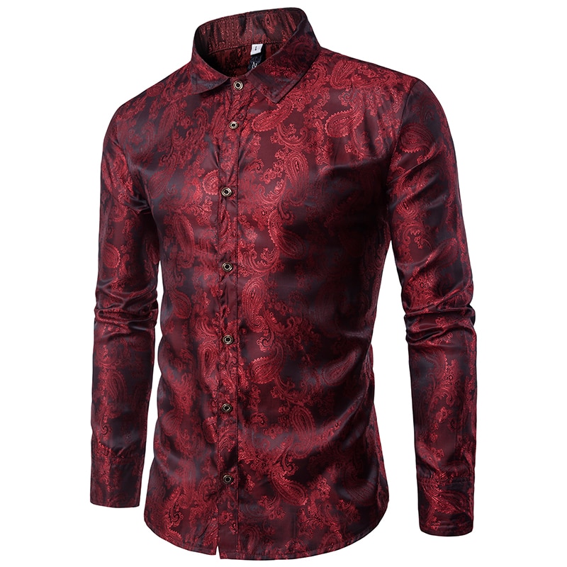 Höhe Hochzeit Party Hemd Bar Nachtclub Helle Lange Paisley Männer Lange Ärmeln Hemd: Wein / XXL