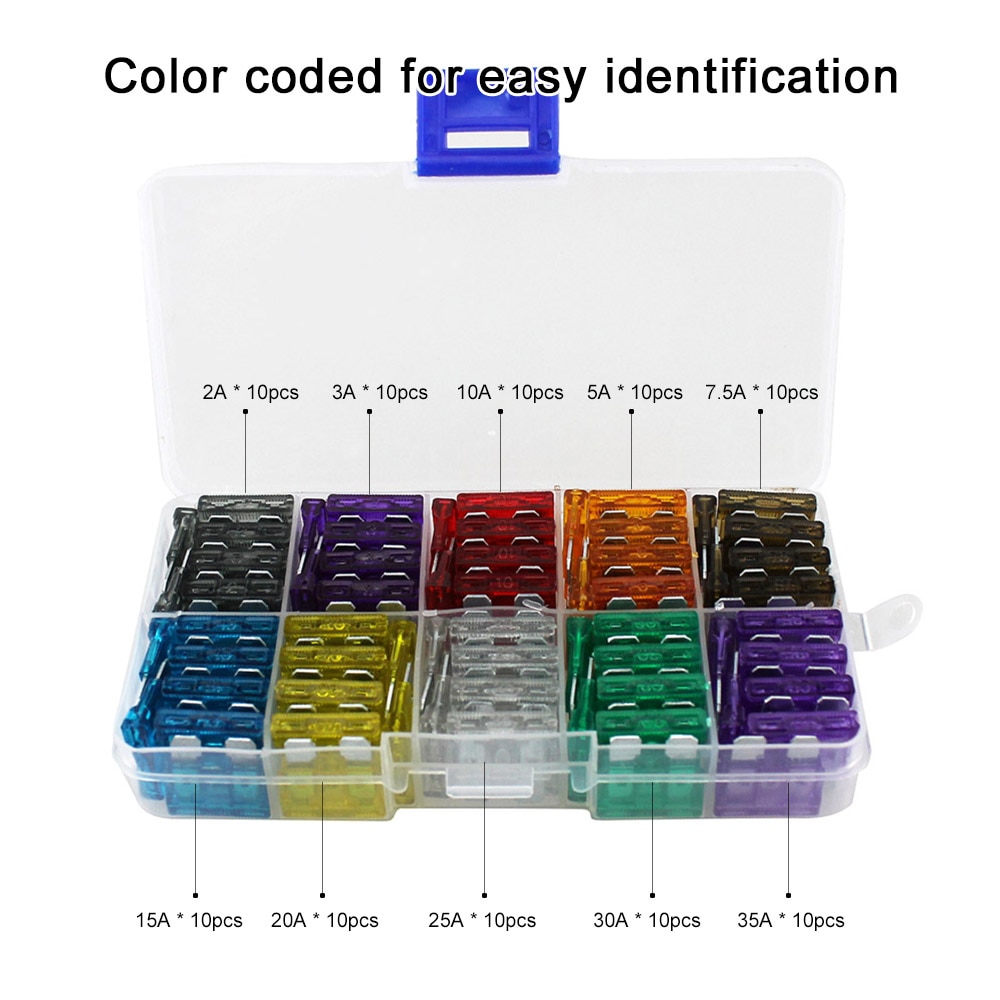 100pcs Assortment Car Standard Blade Fuses 2A 3A 5A 7.5A 10A 15A 20A 25A 30A 35A for Vehicle Motorcycle Boat Truck