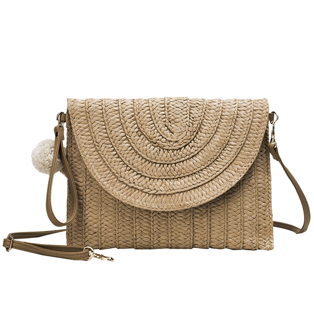 Simple Straw Circular Square Women Shoulder Bag Handmade Woven Bohemian Handbag Summer Beach Lady Wicker Tote Phone Bag Handbag: Khaki 