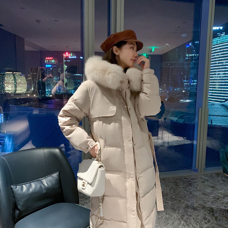 Women Long Belted Winter Jacket Hooded Fur Collar Detachable Windproof Down Jacket Oversize Cotton padded Parkas Outwear Coat