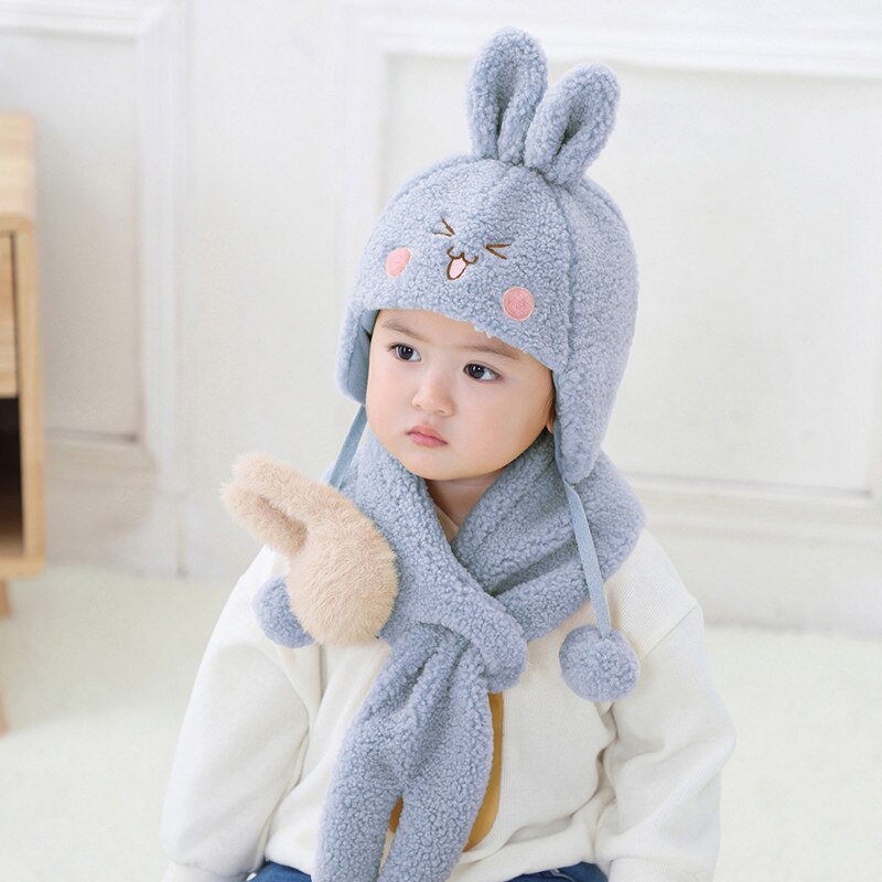 Traje de cuello y gorro de bombardero para bebé, otoño e invierno, dibujos animados para niños, niño y niña, juegos de gorro y bufanda gruesos y cálidos: rabbit grey
