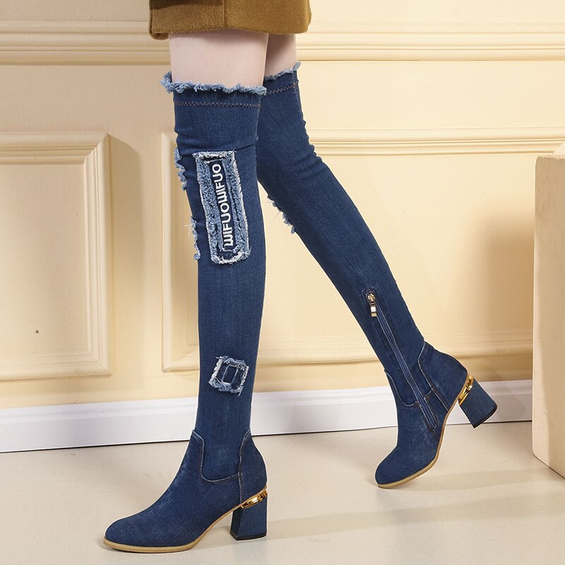 Lucyever Womens Denim Laarzen Over De Knie Wees Teen Dikke Hoge Hakken Schoenen Vrouw Casual Kwastje Uitgesneden Jeans Lange botas Mujer