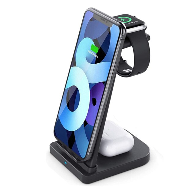 15W Qi Wireless Charger Stand 3 in 1 Fast Charging Station For iPhone 12 11 Apple Watch AirPods Pro Samsung S21 S20 Xiaomi Mi 11: 3 IN 1  Black