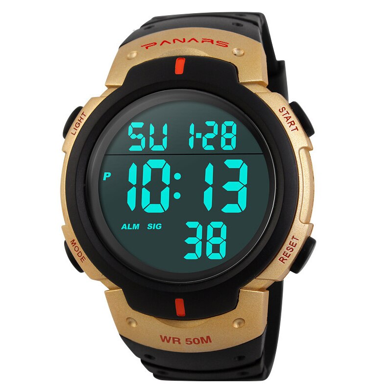 Outdoor Sport Horloge Mannen Grote Wijzerplaat Multifunctionele Digitale Horloge Voor Mannen 5ATM Waterdichte Horloges Wekker Reloj Hombre 1251: Gold Watch