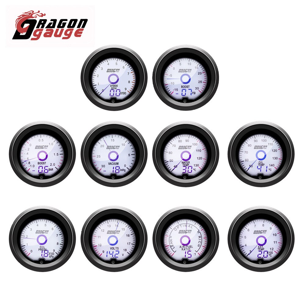 DRAGON GAUGE 52mm Tachometer Voltmeter Boost Vacuum Water Temp Oil Temp Oil Press Air Fuel Ratio EGT Gauge LCD Gauge for 12V Car