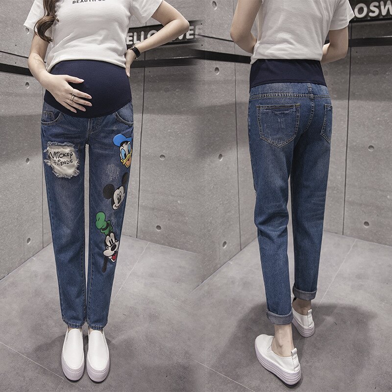 Barsel denim jeans elastiske all-match tegnefilm stonewashed talje mave blyant bukser gravide kvinder graviditet bukser  c15 10: Xl
