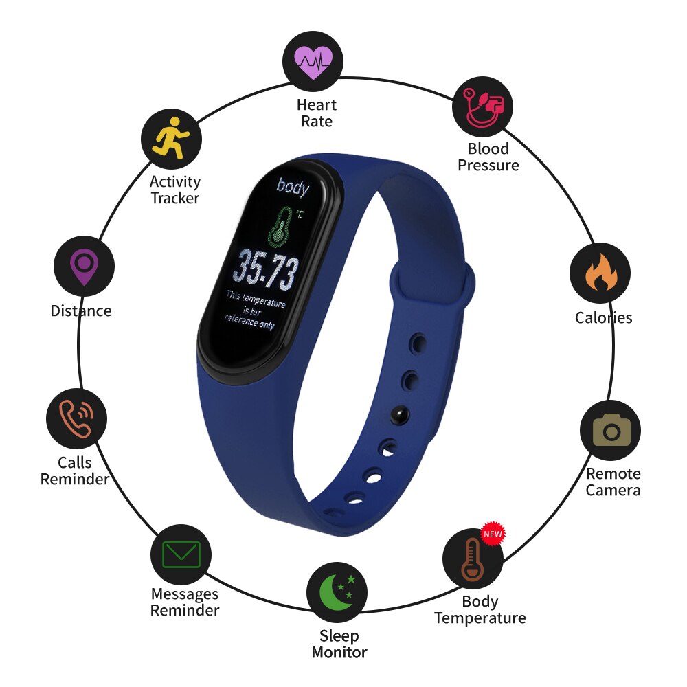 Smart Pedometer BT Connection Body Temperature Heart Rate Blood Pressure Monitor Activity Tracker Sleep Monitor Step Counter: Blue