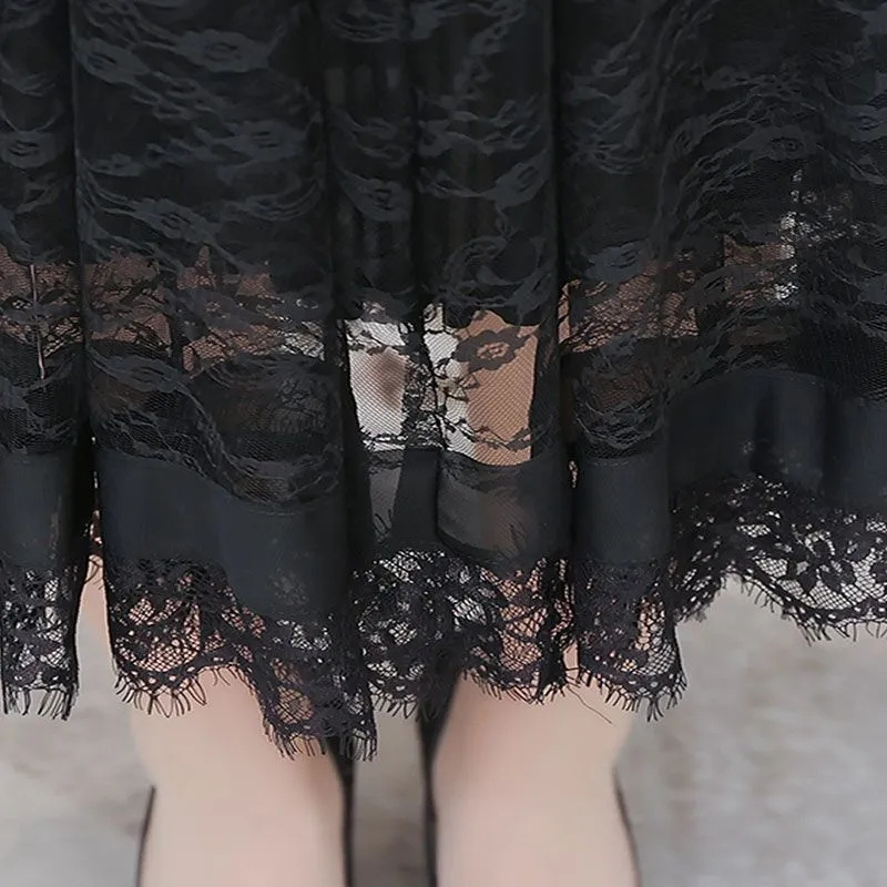 Hochwertiges kleid Rosa 2023 Frühling und Herbst Damen Langarm neue beliebte schwarze französische Mesh Spitze langes Kleid elastisch