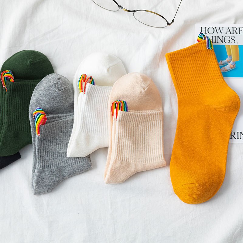 Harajuku damessokken dames calcetines witte regenboog lange sokken streetwear snoep effen kleur damessok kawaii skateboard