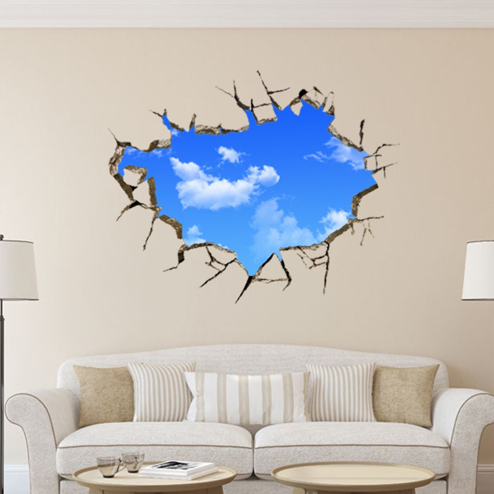 Window Hole Stickers Landscape Blue Sky White Cloud 3D Wall Sticker Home Decal For House Living Room Roof Decals