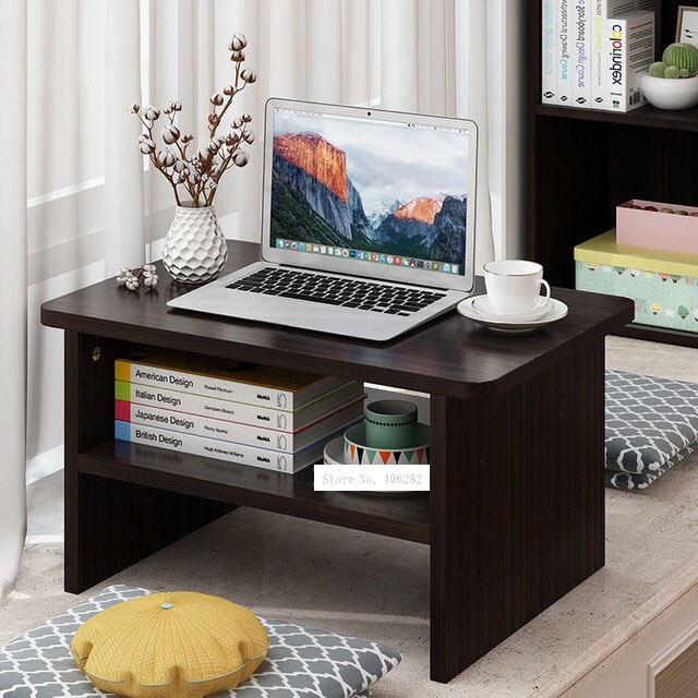 Simple Small Tea Table Japanese Style Modern 2 Layer Floating Window Coffee Table Rectangle Living Room Floor Low Table: black walnut color