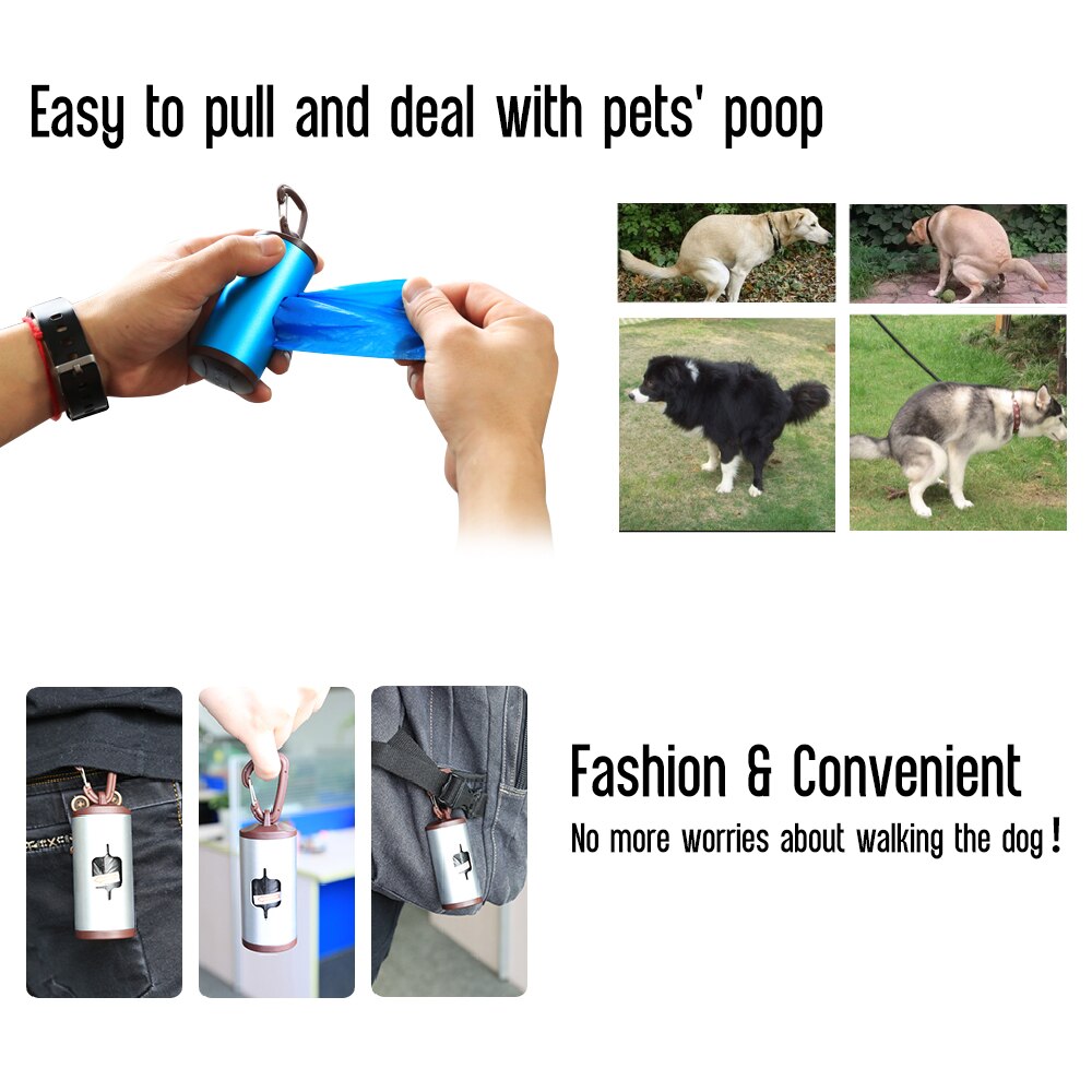 Pet Dog Poop Bag Dispenser Waste Garbage Bags Carrier Holder Dispenser Aluminum Tube with 15pcs Waste Bags Refillable
