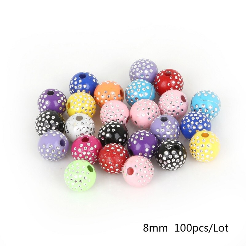 100 stk 8mm farverige runde akrylperler rhinsten charme perler til smykkefremstilling gør-det-selv håndværk scrapbog dekoration: Tilfældig blandet