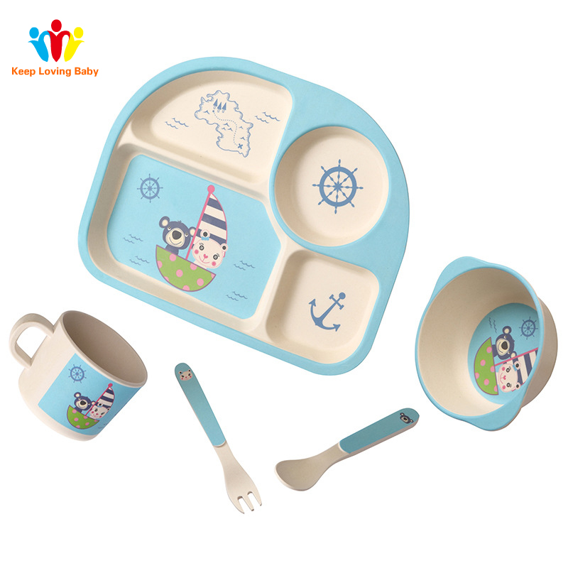 Cubertería de cuatro platos para niños de fibra de bambú, cubertería portátil con dibujos bonitos para bebé, tenedor, vajilla para bebé