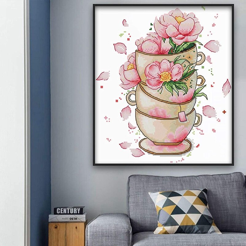 Stamped Cross Stitch Kits Beginners Embroidery Starter Kits for Adults Cross Stitching DIY Kit 11CT-Flower on Coffee Cup