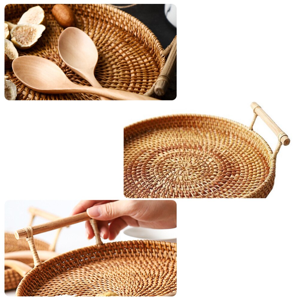 1PC Rattan Woven Basket Practical Picnic Ratten Tray Outdoor Storage Basket Portable Picnic Basket (Medium, Diameter 28x3.5cm)