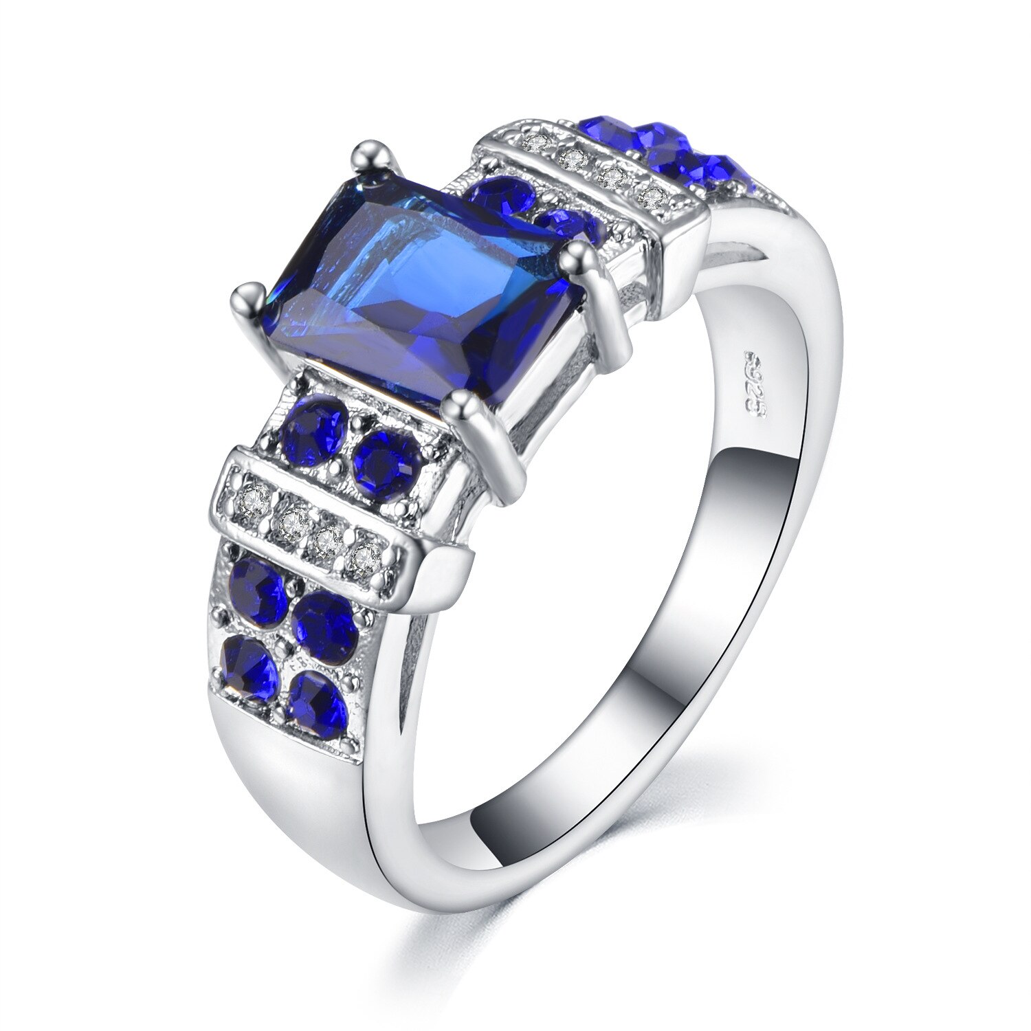 925 Sterling Zilver Blauw Rechthoek Zirkoon Engagement Ringen Voor Vrouwen Grote Vinger Bruiloft Party Sieraden Mode R5017