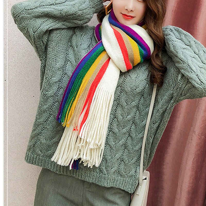 Warme regenboog dames meisjes sjaals omslagdoeken kwastjes lange gebreide sjaal multifunctionele sjaal lxh
