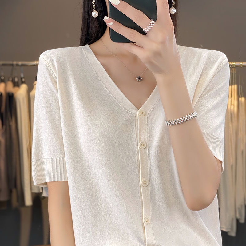 Lente En Zomer Nieuw Ijs Zijde Vest Korte Mouw V-Hals Joker Losse Dunne T-Shirt Trui Bottom Shirt Top: L / Beige