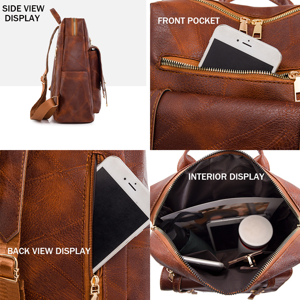 Trendiger Damen-Rucksack, Jahrgang-Pu-Leder, Tagesrucksack, braun, lässige Reisetasche, retro-Studenten-Schultasche, Sack