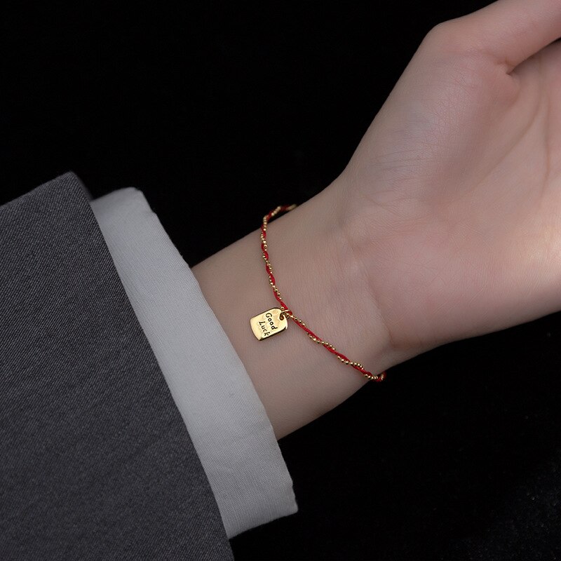 Pulseira de corda de prata esterlina 925, para mulheres, corda de fio vermelho com letra e boa sorte, 925