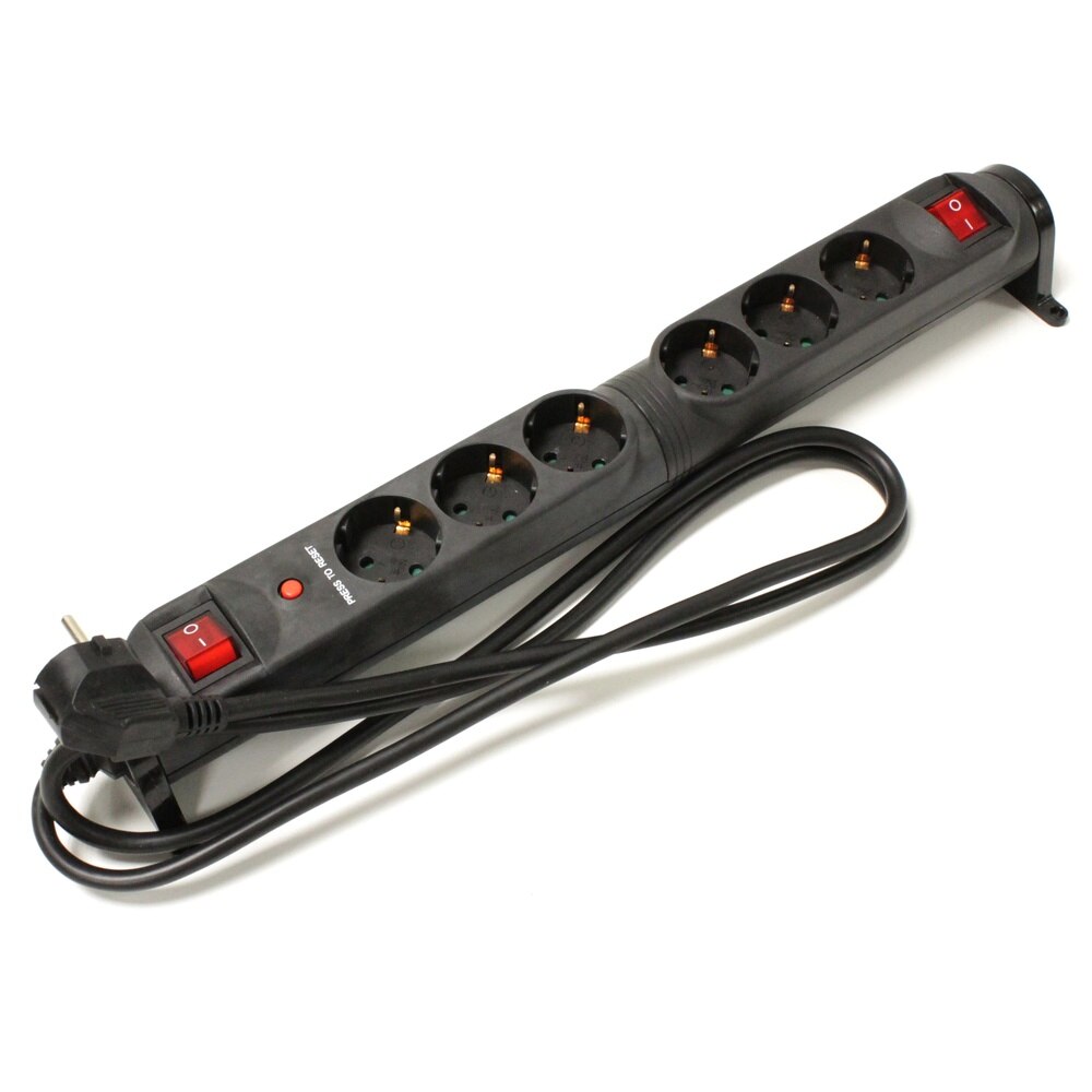 Bematik-Zwart 6 Schuko 16A 250V Plug Outlet Strip Met 2 Schakelaars En 1.5M Kabel