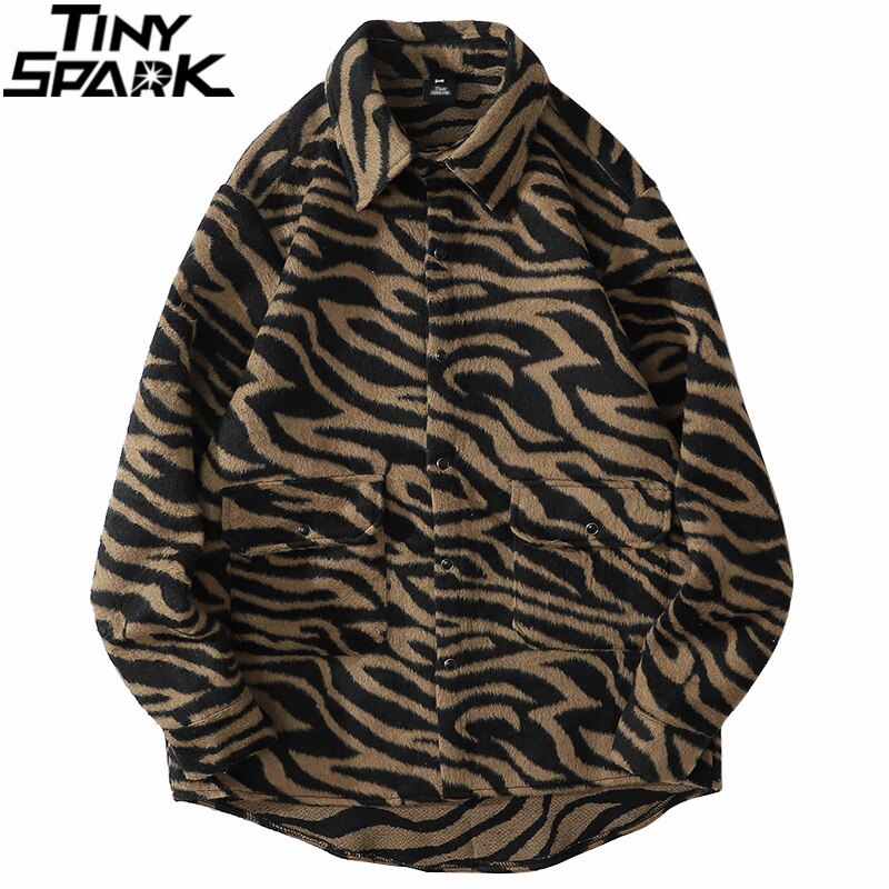 Vintage Retro Flannel Shirt Men Hip Hop Streetwear Zebra Striped Shirt Harajuku Cotton Fleeve Long Sleeve Shirt Casual Thick