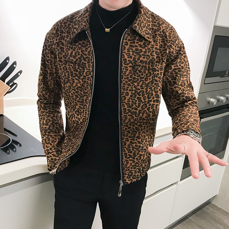 Chaqueta de leopardo para hombre, Cazadora bomber de con cremallera, informal, a la , primavera y otoño,