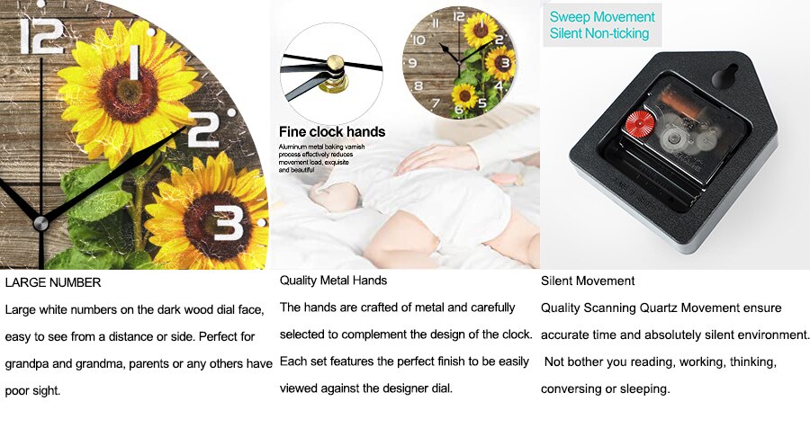3D Sonnenblumen Jahrgang Holz Druck Runde Wanduhr Schweigen Zauberstab Uhr Batterie Betrieben Quarz Analog Ruhig Schreibtisch Uhr für Heimat