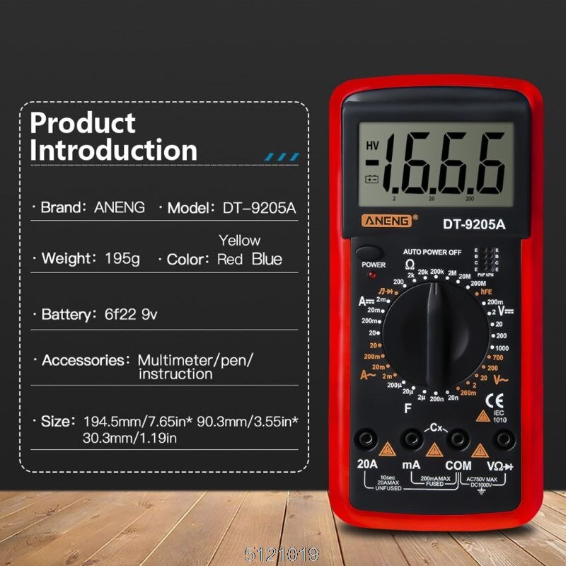 DT9205A multimètre numérique hFE AC testeur électrique à Diode Triode à courant alternatif
