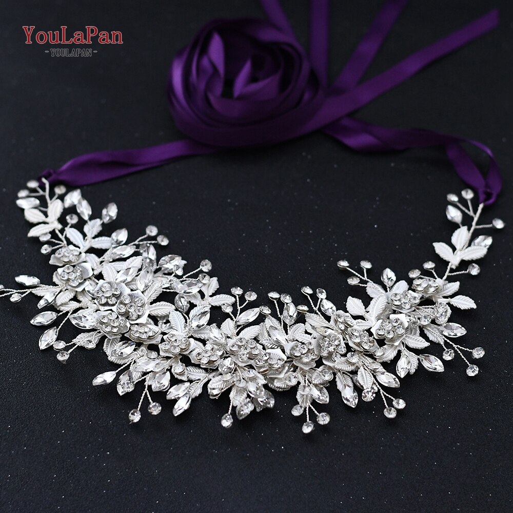 YouLaPan SH349 Wedding Sash Bridal Belts White Ribbon Bridal Sash Rhinestone Bridal Belt Handmade Silver Crystal Wedding Sashes: Purple ribbon