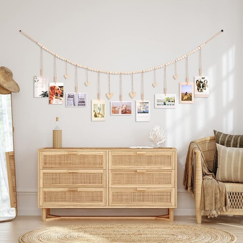 22 Clips para colgar fotos, guirnalda de cuentas de madera bohemia, colgante de pared para dormitorio, sala de estar, dormitorio, decoración de , para adolescentes y niñas