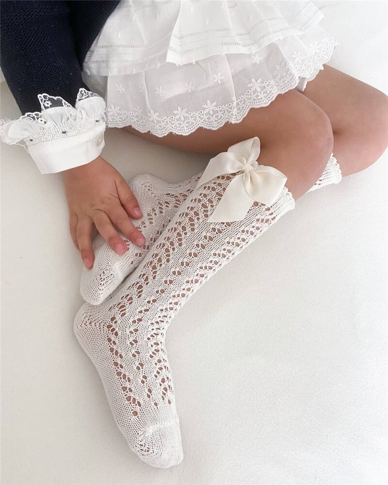 Summer Kids Socks With Bow Baby Girls Long Sock Knee High Cotton Hollow Out Toddlers Socks Mesh Children Princess Sock