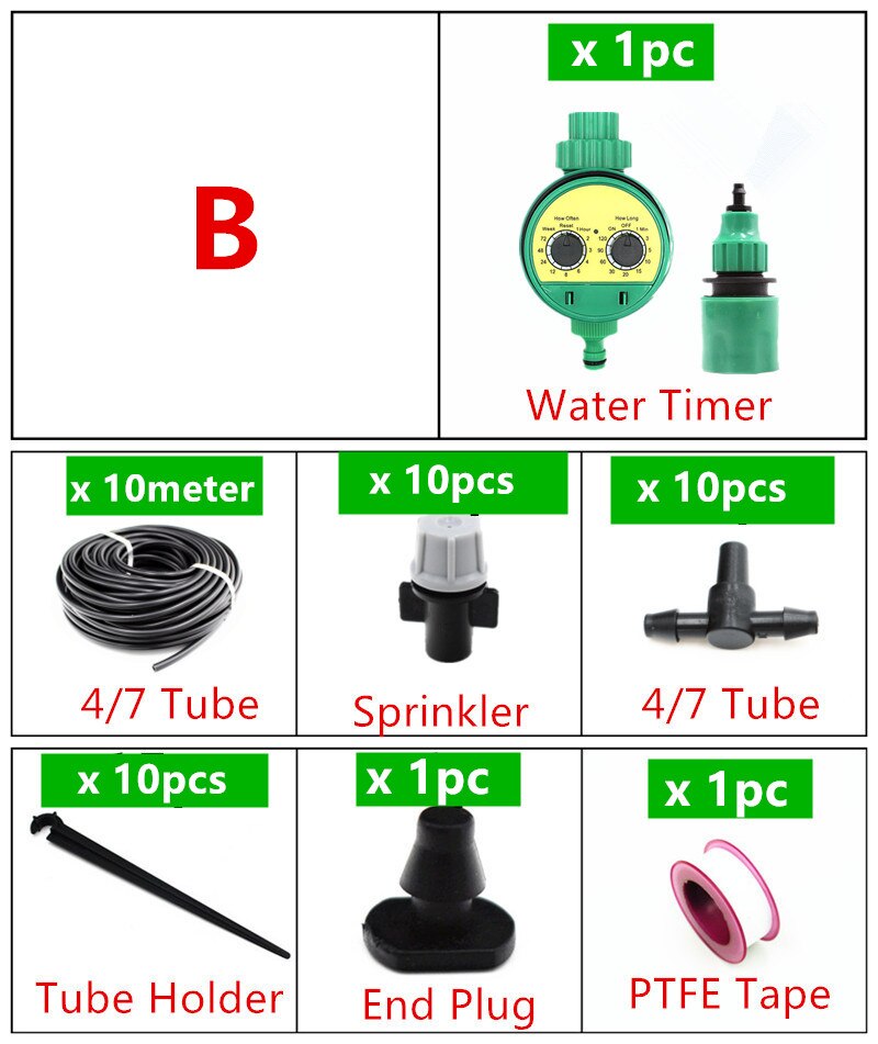 5-40m Misting Sprinkler With Splitter Water Timer 2-Ways SpGarden Watering Drip Irrigation Plant Automatic Dripper Watering Kits: B   10m