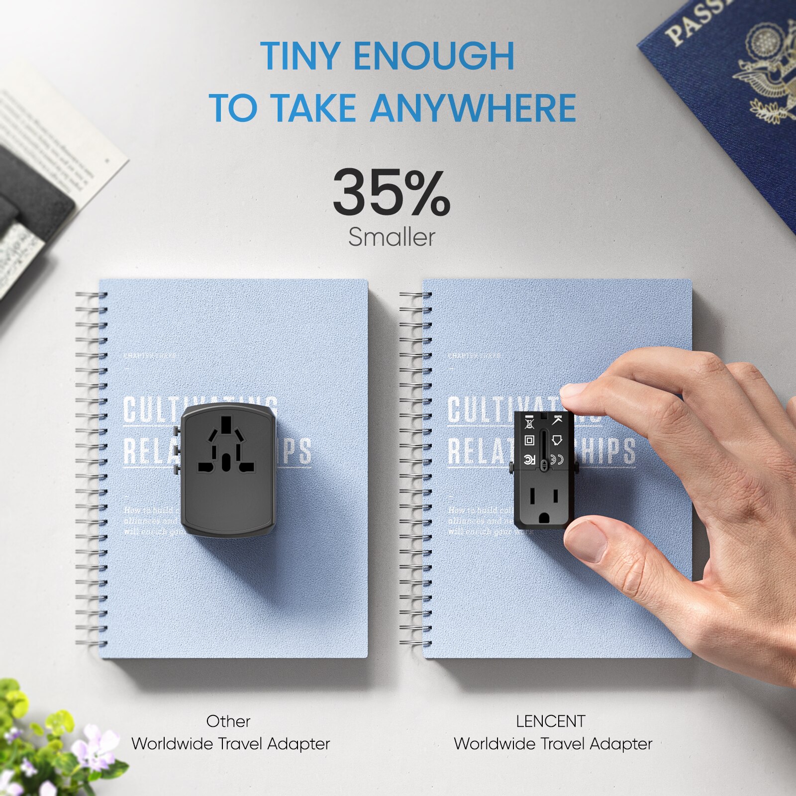 Lencent universal reiseadapter med 1 ac uttak 20w 1 usb  qc 3.0 port og 1 pd hurtiglader, strømadapter for usa, eu, storbritannia og australia