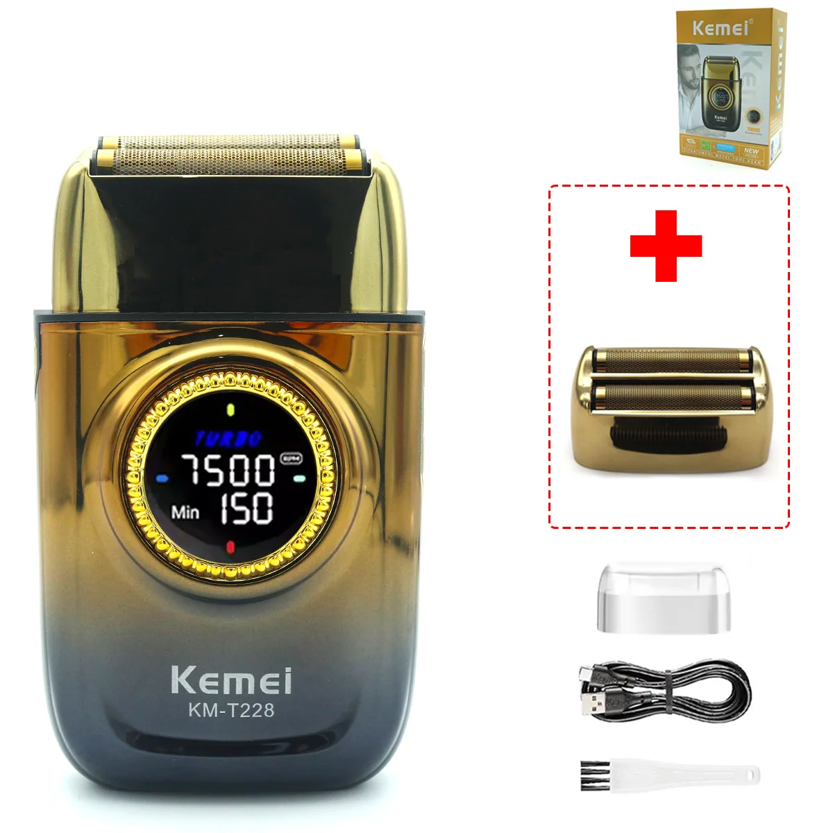 Kemei KM-T228 Men's Shaving Machine LED Display Double Foil Cordless Oil Head USB Electric Shaver Foil Male: Gold