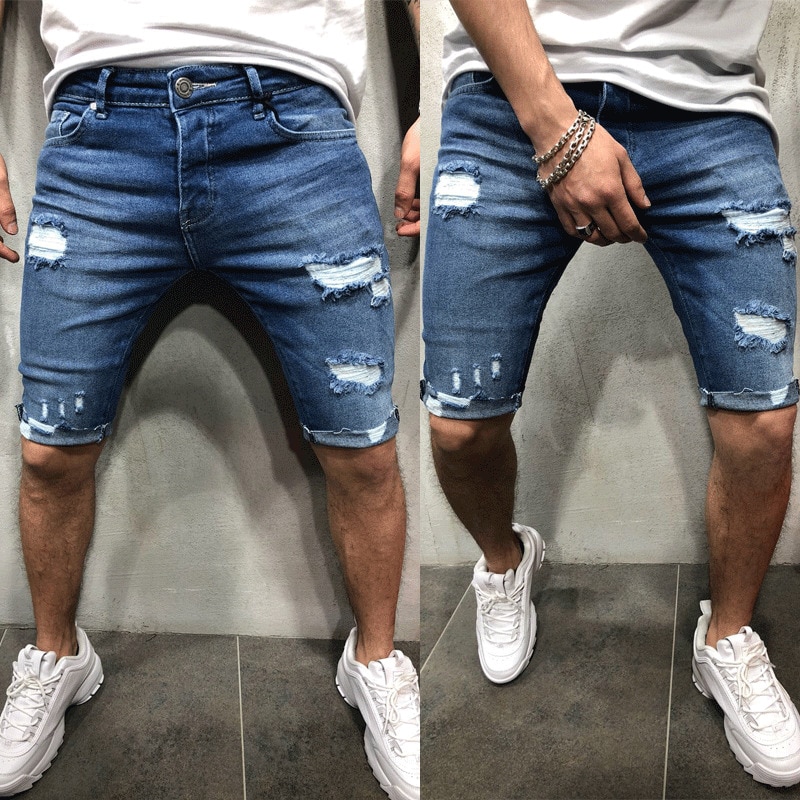 Mænd casual shorts jeans korte bukser ødelagt skinny jeans flækkede bukser flosset denim
