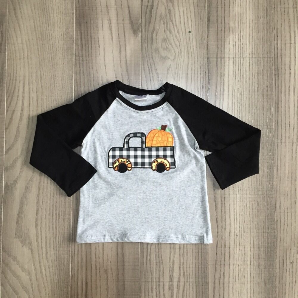 girlymax baby kids top children Halloween raglan girl truck pumpkin raglan boy black sleeve top: 3T