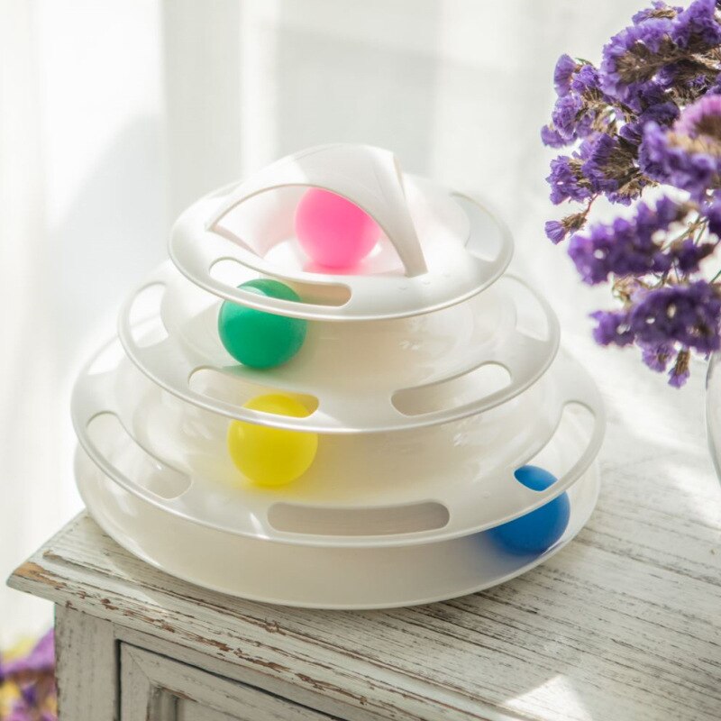 Four Levels pet cat toy Tower Tracks Disc cat Intelligence Amusement triple pay disc cat toys ball Training Amusement plate: White