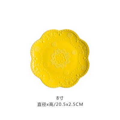 Assiette à fruits en relief chinoise, assiettes à salade, plateau en céramique, disque à Steak rose, gâteau, plat, accessoires de cuisine pour la maison, 6, 8, 10 pouces: Yellow 8 inches