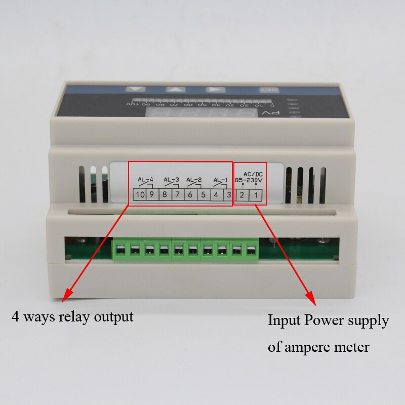 din digital ampere meter with 4 ways alarm relay output AC0-20A,30A,50A,100A,200A with Perforated din ampere sensor