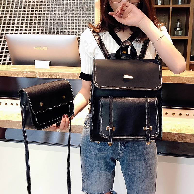 Two sets Women Backpack pu Leather Backpacks Teenage Girls Female School backpack Shoulder Bag: Black