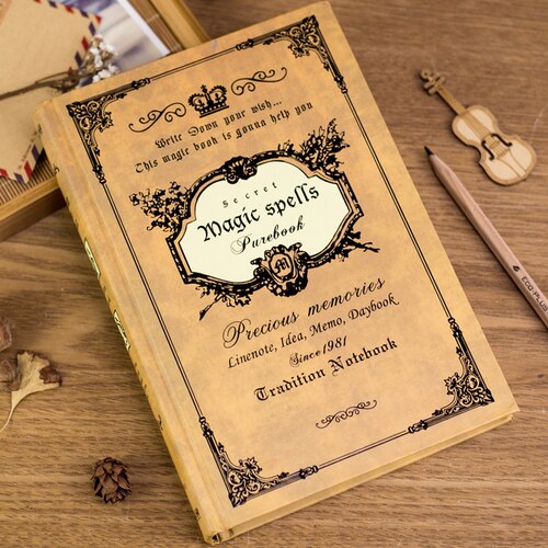 Very Thick Large A5 Vintage Notebook Magic Spells European Traditional Classic Diary Planner Hardcover: yellow  160sheets