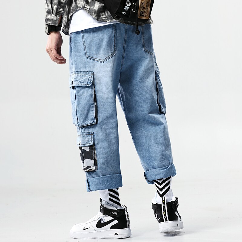 pantalones vaqueros Cargo para hombre Pantalones vaqueros azules holgados bolsillos laterales vaqueros para motociclistas pantalones vaqueros Hip Hop hasta el tobillo para hombre Pantalones para correr