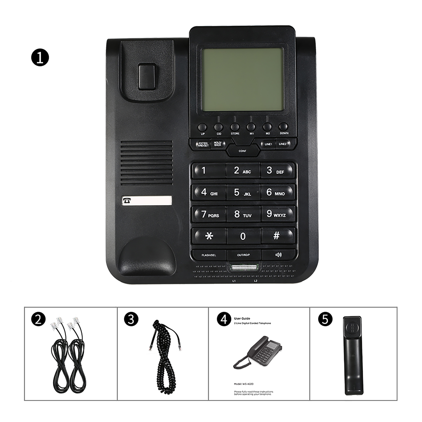 2-Line Digital Corded Telephone w/LCD Display Support 3-Way Conference Call/Redial/Auto-redial/Set Key/Memory Key/Speakerphone