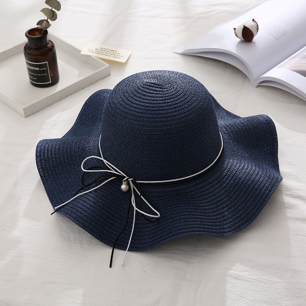 Trendy French Style Pearls Strap Straw Hat Wide Brim Beach Folding Straw Hats Spring Summer Travel Women's Sun Hat Girls: Red