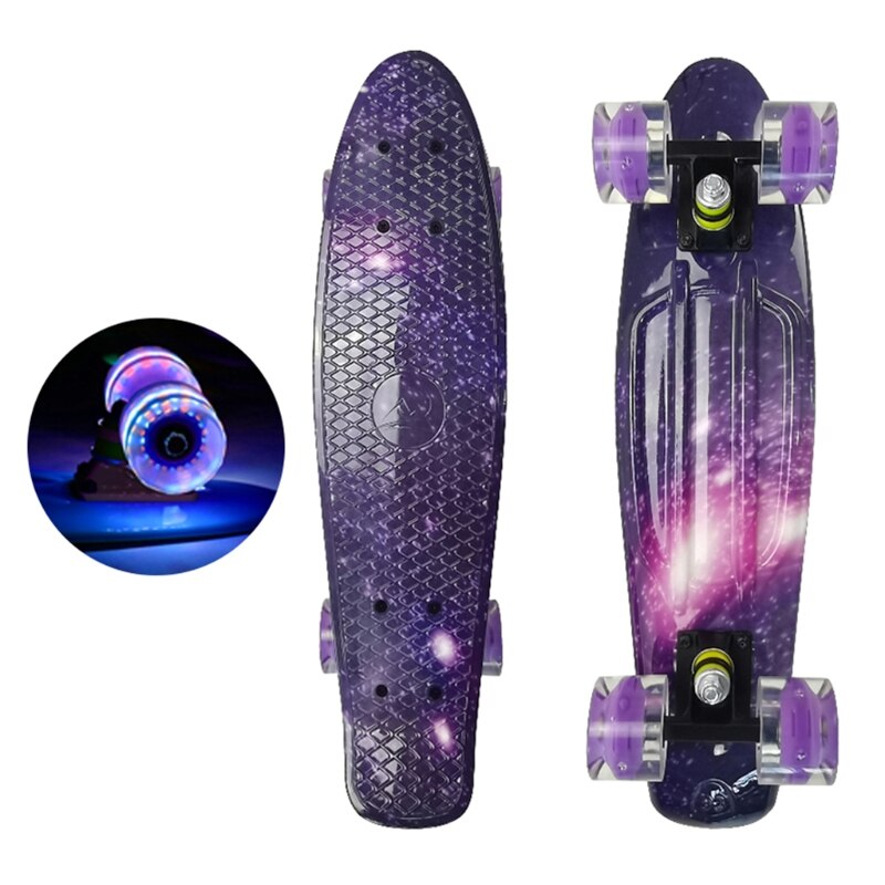 22in Complete Mini Cruiser Skateboard Longboard Flashing Wheel Fish Skate Board: Purple